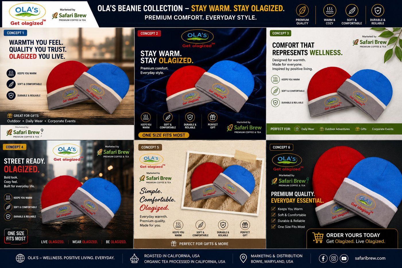 Ola's Beanie Collection campaign concepts, marketed by Safari Brew